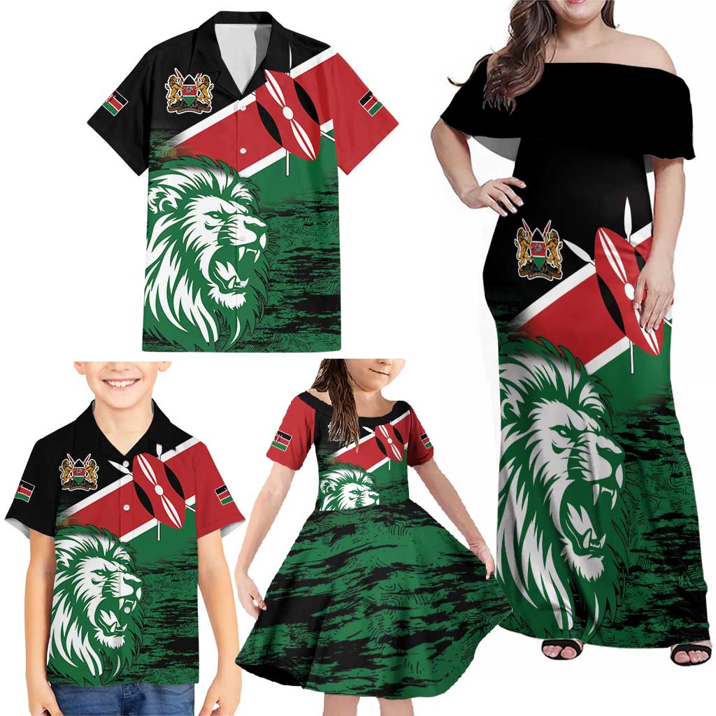 Kenya Lion Head Family Matching Off Shoulder Maxi Dress and Hawaiian Shirt Flag Style