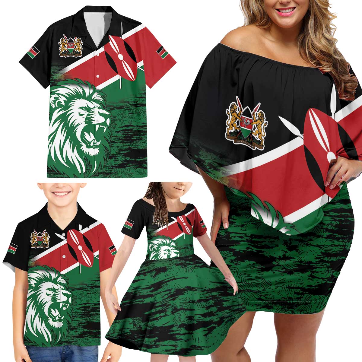 Kenya Lion Head Family Matching Off Shoulder Short Dress and Hawaiian Shirt Flag Style