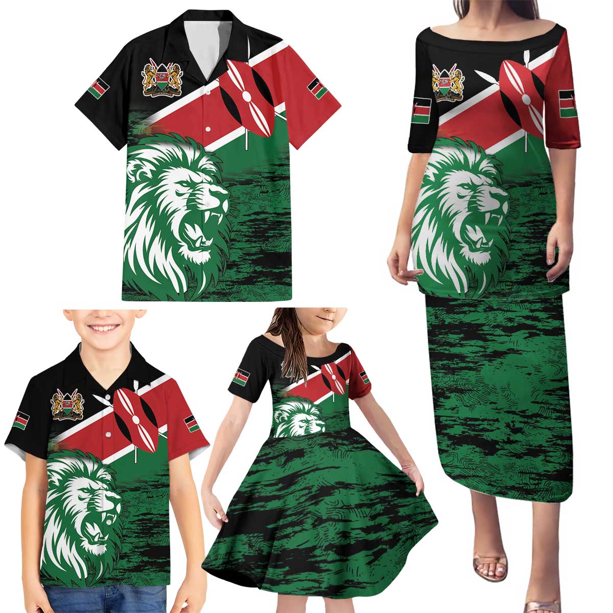 Kenya Lion Head Family Matching Puletasi and Hawaiian Shirt Flag Style