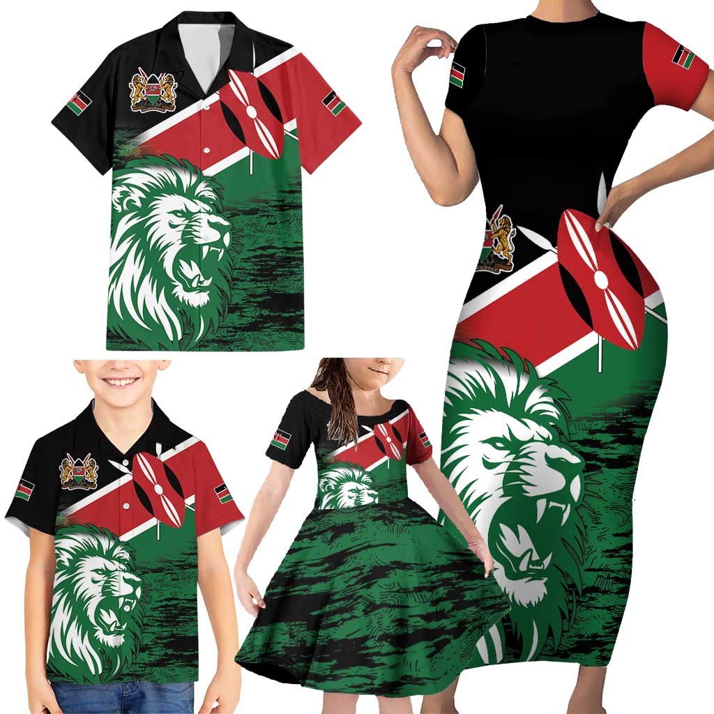 Kenya Lion Head Family Matching Short Sleeve Bodycon Dress and Hawaiian Shirt Flag Style