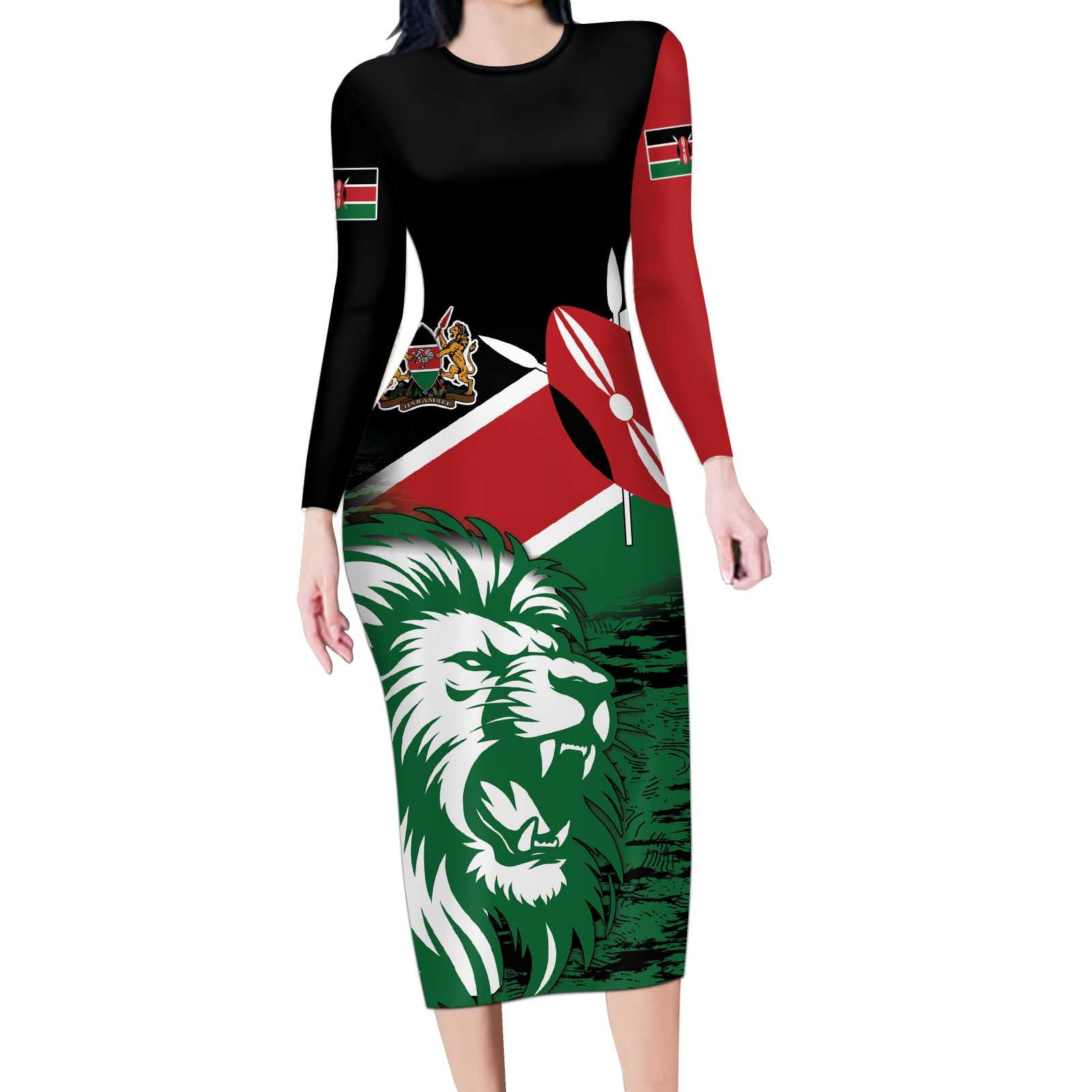 Kenya Lion Head Long Sleeve Bodycon Dress Flag Style