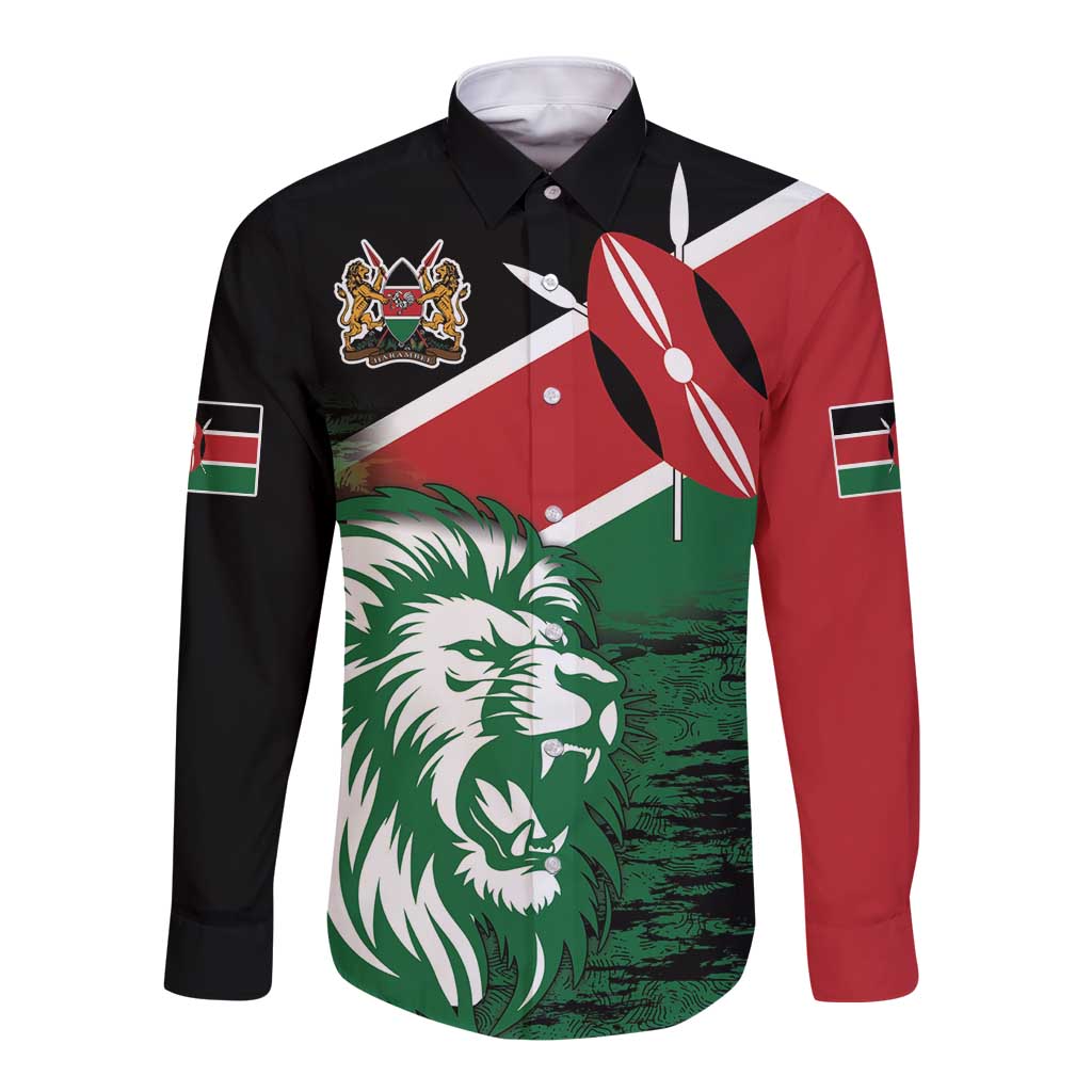 Long sleeve button shirt with Kenya flag lion graphic, black red and green