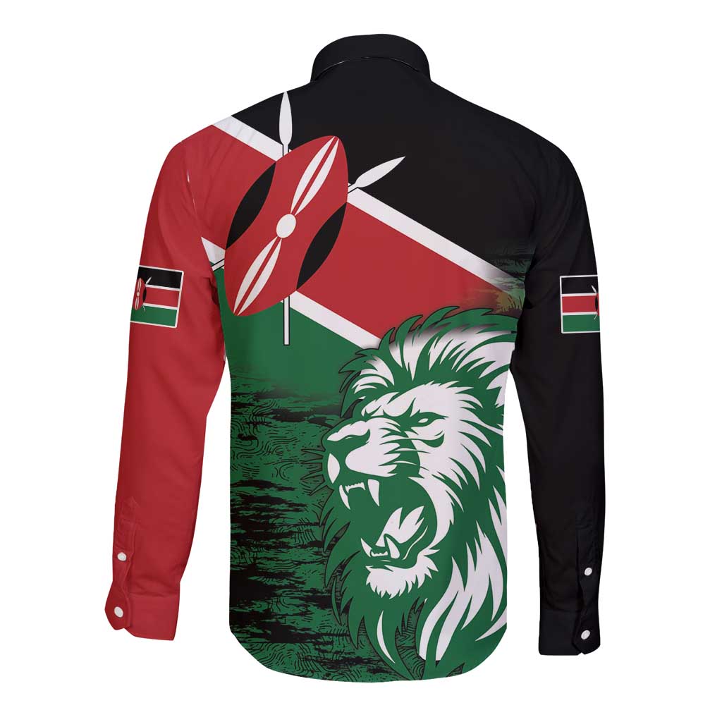 Back view long sleeve button shirt with Kenya flag lion graphic, black red and green