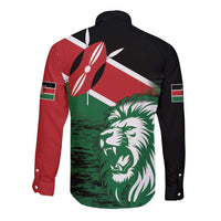 Back view long sleeve button shirt with Kenya flag lion graphic, black red and green