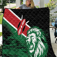 Quilted blanket with Kenya flag colors and lion head graphic, black border.