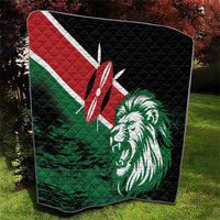 Quilted throw blanket featuring Kenya flag diagonal stripe and white lion head.