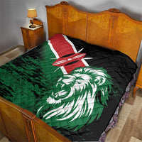 Quilted bedding blanket with Kenya flag stripes and lion head print on black.