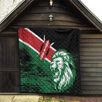 Quilted blanket with Kenya flag colors and lion head graphic, displayed on wall.