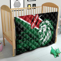 Quilted crib blanket with Kenya flag colors and lion head print on black.