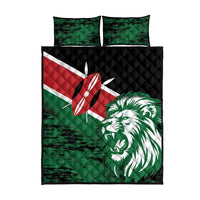 Kenya flag-style quilt bed set featuring lion head print, green and black with two pillows