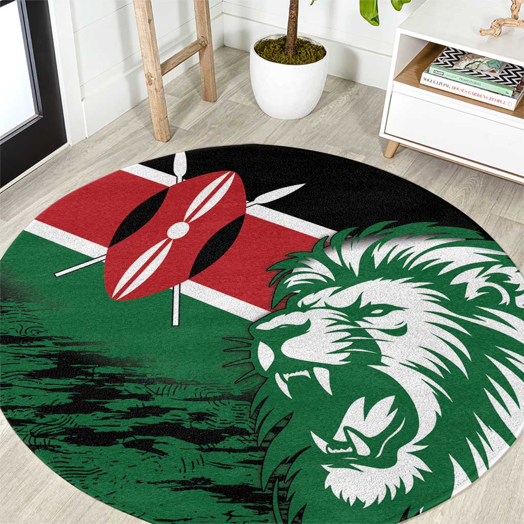 Round lion-head rug, Kenya flag colors: green with red/black/white lion and patterns