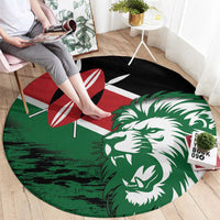 Round rug featuring a large white lion head on green, with red flag emblem and black