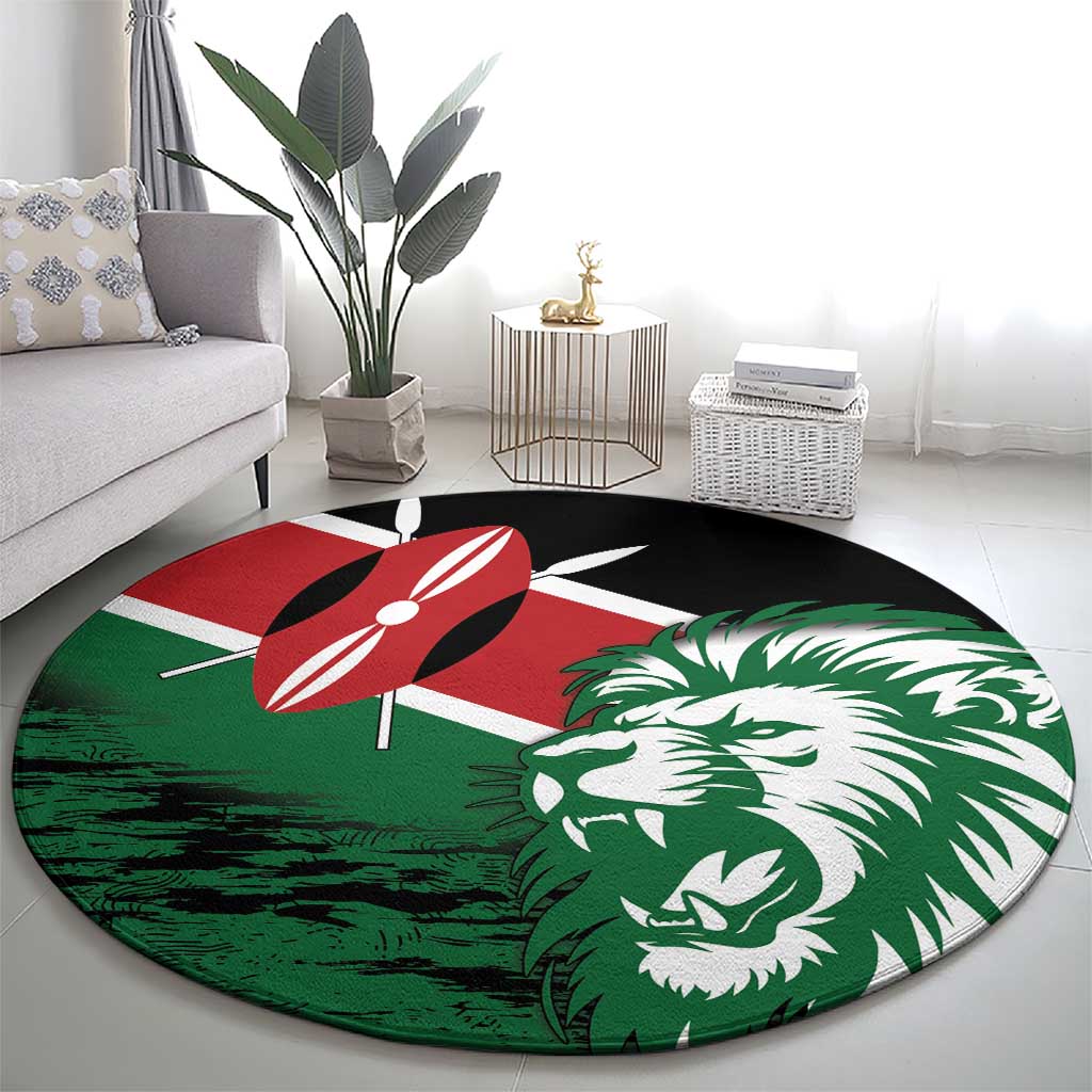 Round lion-head rug with Kenya colors: green lion on black field with red emblem