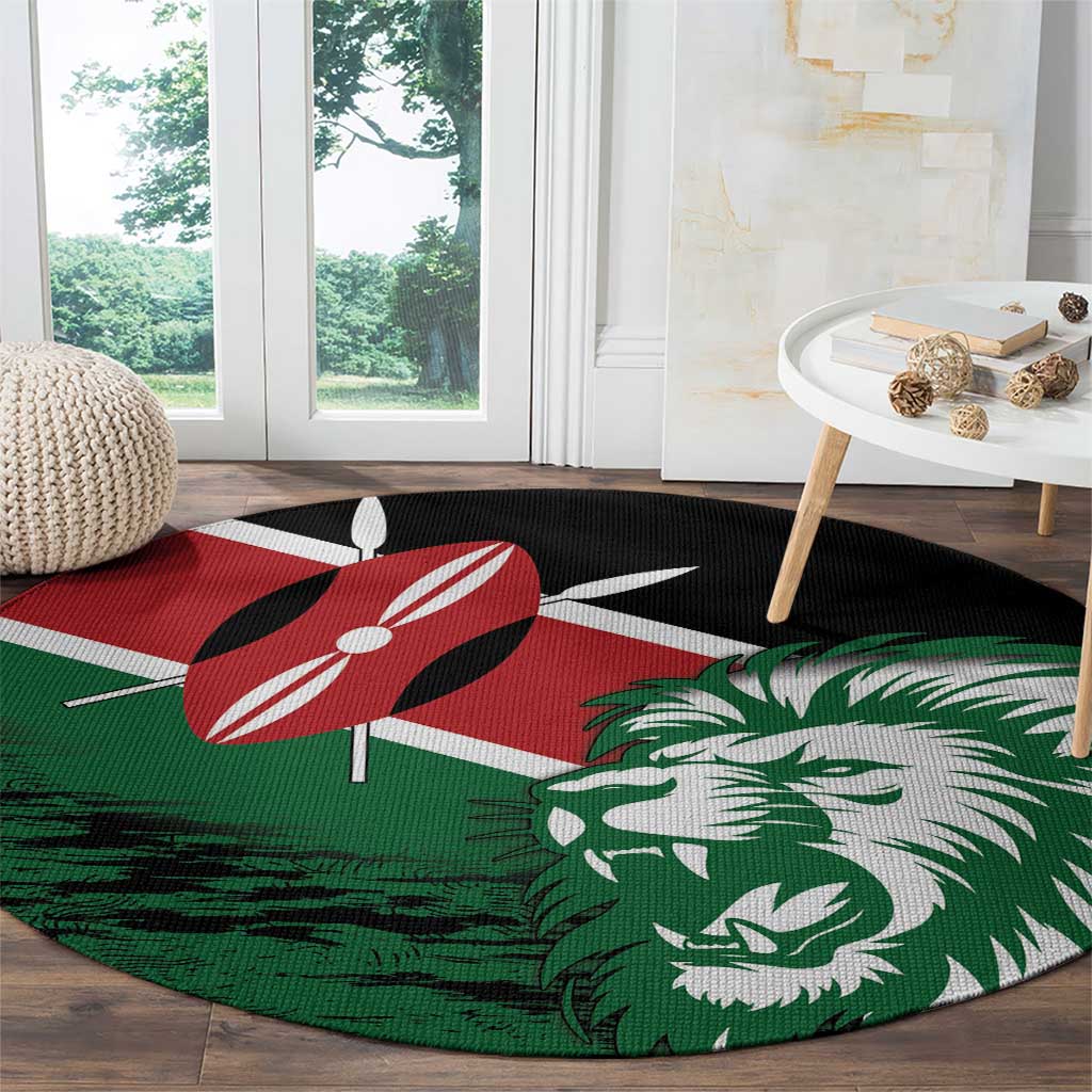 Round Kenya flag style rug with green lion face, red flag emblem, and black accents