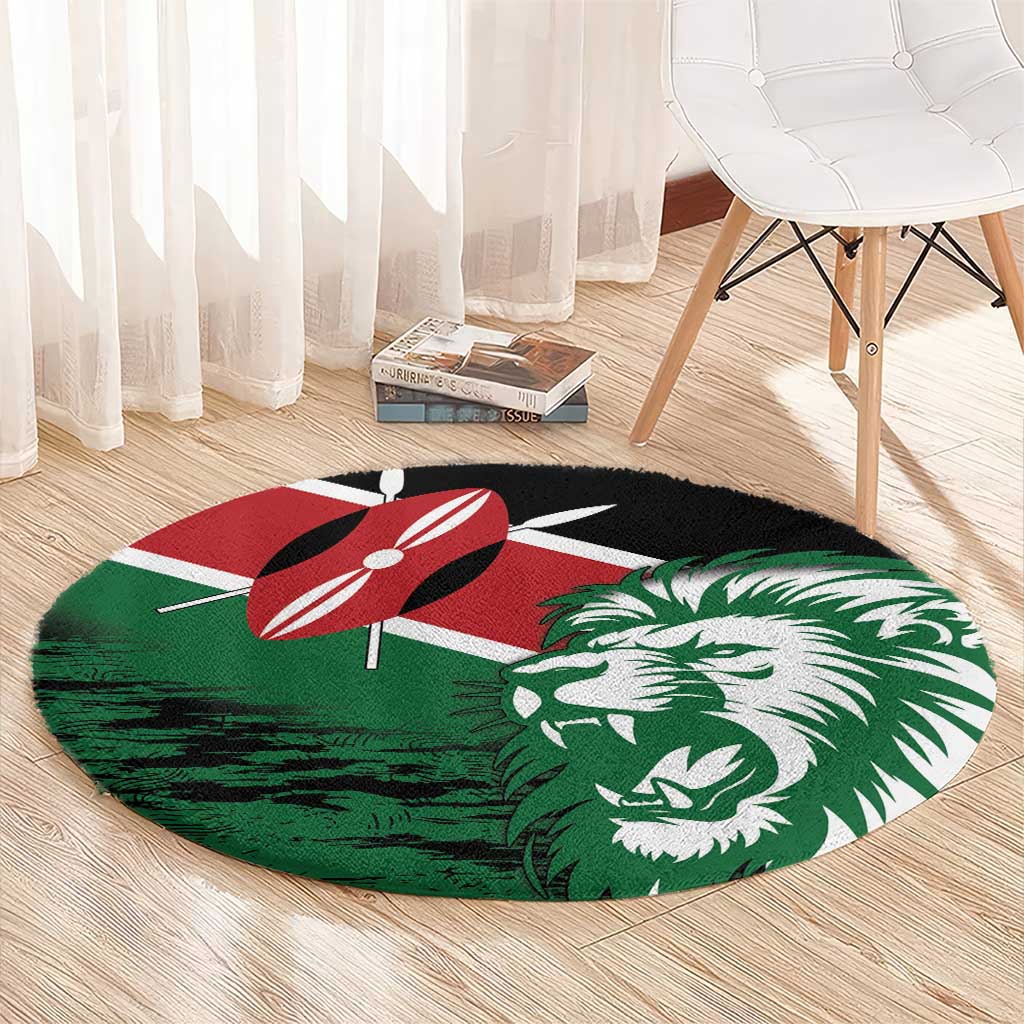 Round carpet rug with green lion and red flag emblem on a black background
