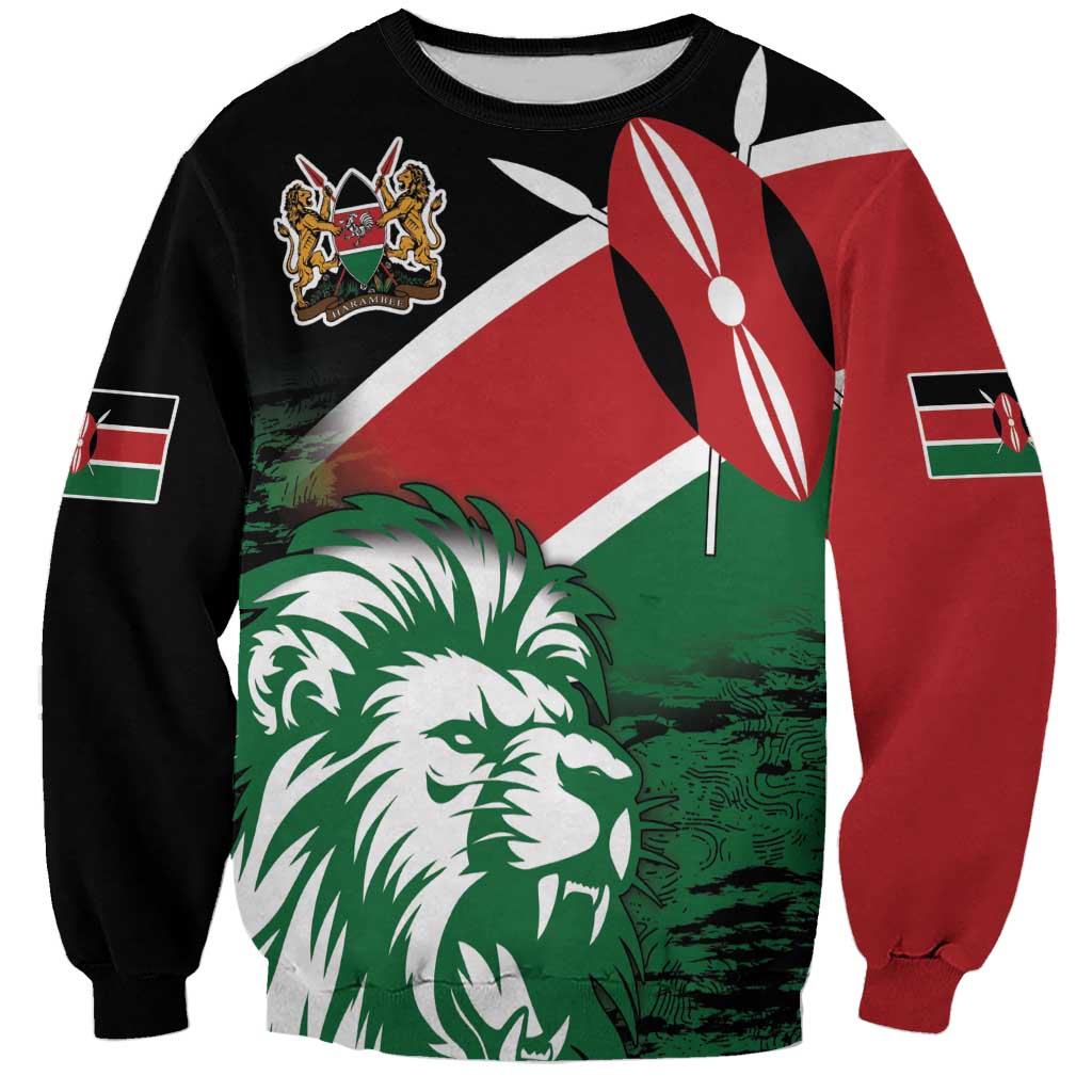Crewneck sweatshirt with lion and crest graphic, Kenya flag on black, red and green