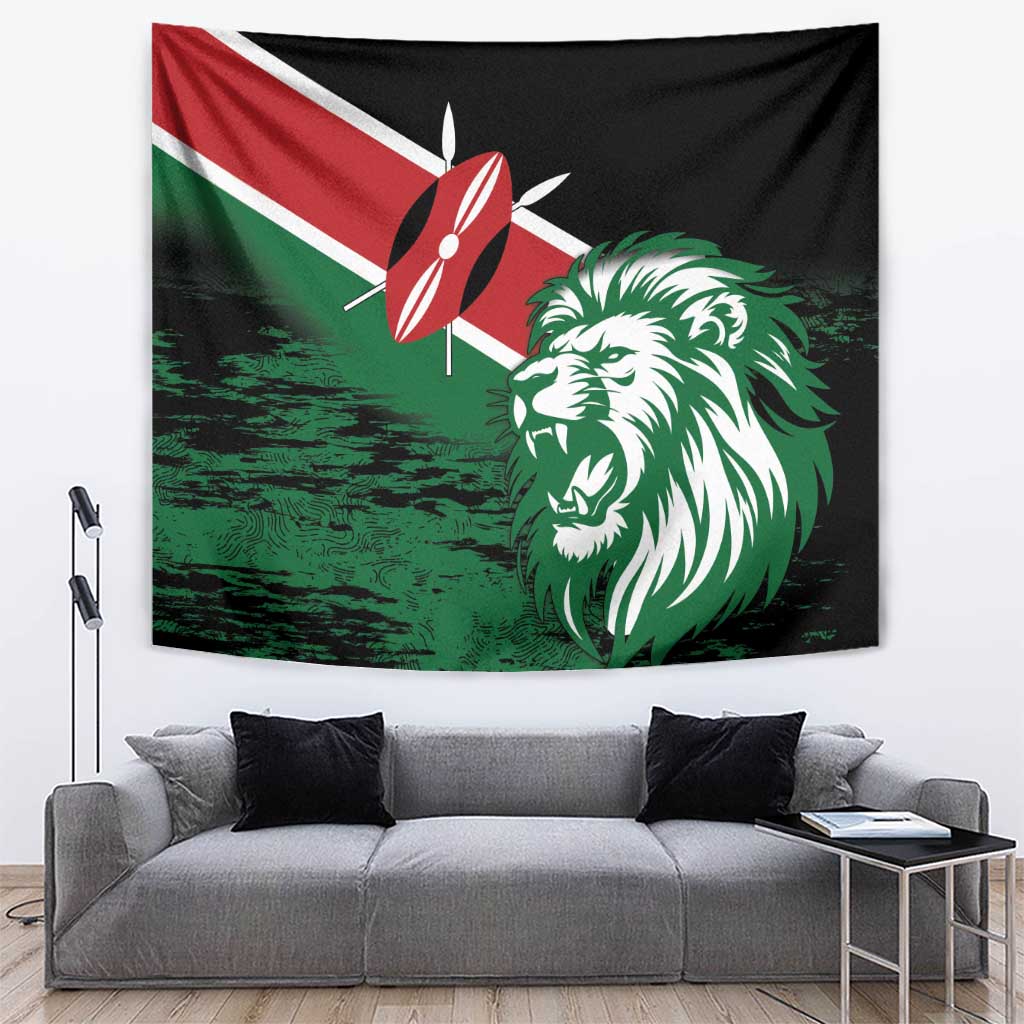 Kenya lion head tapestry flag with red-white-black accents and green lion design
