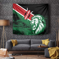 Kenya-themed lion head tapestry flag with black background, green lion, and red-white accents