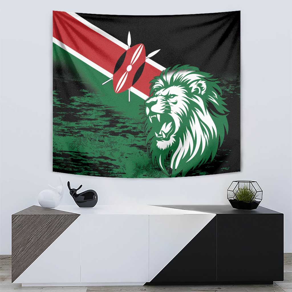 Kenya-themed lion head tapestry wall flag in green, black, and red with Kenya colors