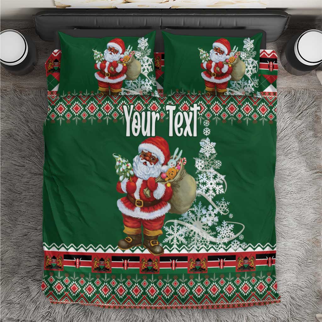 Green Christmas bedding set with Santa Claus graphic, snowflakes, and Your Text text