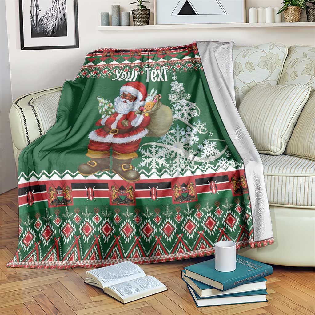 Green Christmas blanket with African Santa, snowflakes, and 'Your Text' personalization