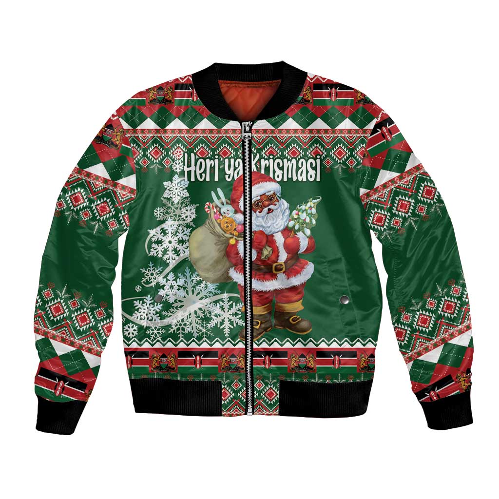 Green bomber jacket with festive Santa graphic and ribbed zip front