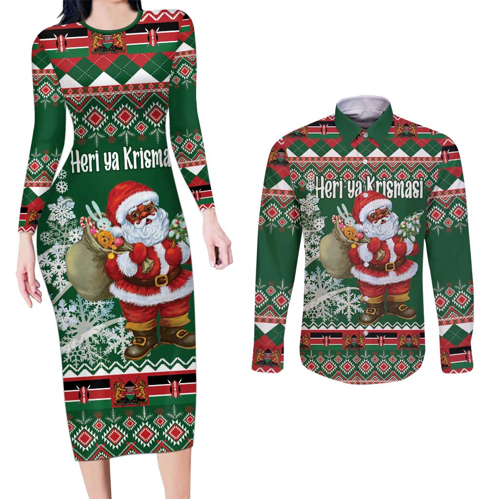 Personalized Kenya Christmas Couples Matching Long Sleeve Bodycon Dress and Long Sleeve Button Shirt African Santa Claus - Heri ya Krismasi - Wonder Print Shop