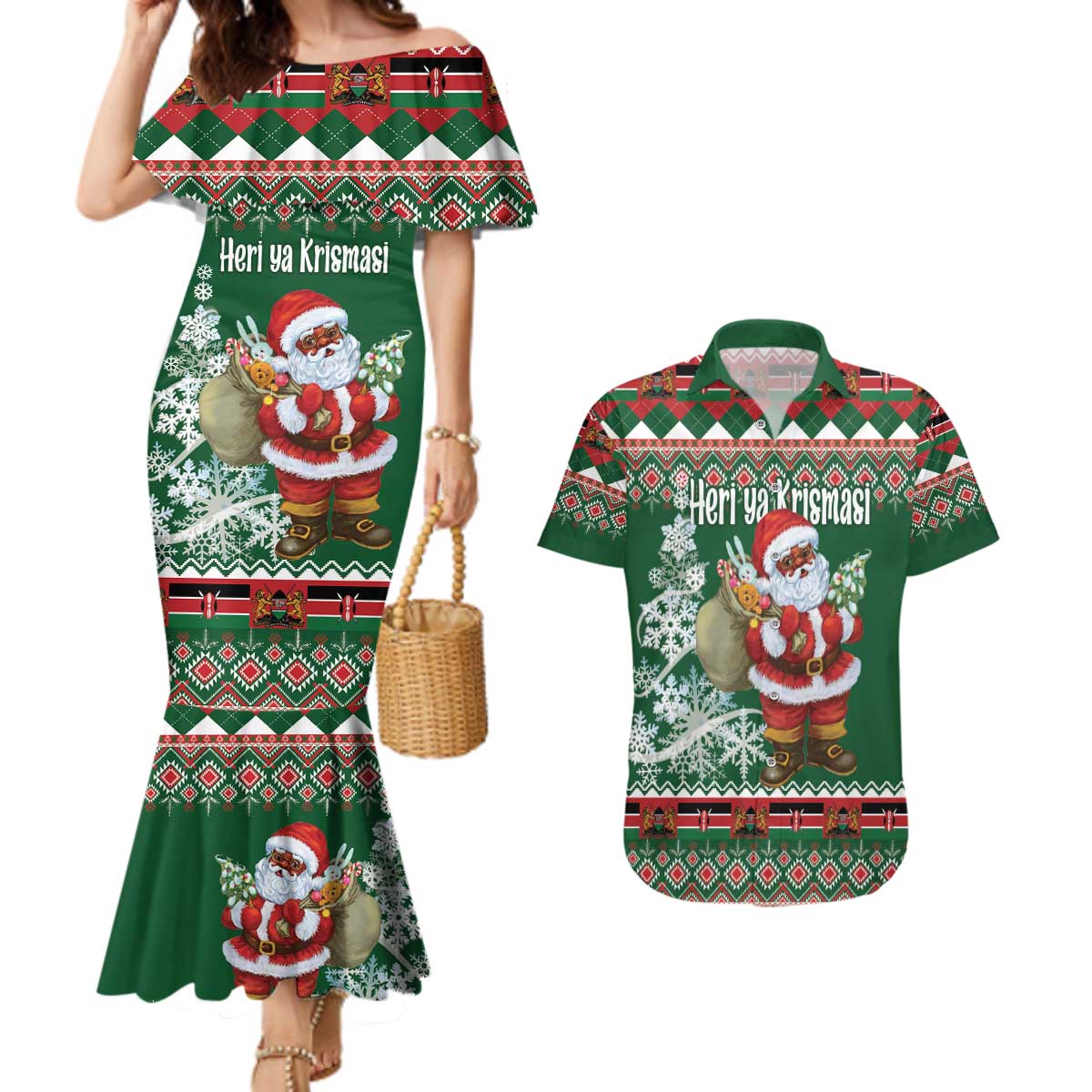 Personalized Kenya Christmas Couples Matching Mermaid Dress and Hawaiian Shirt African Santa Claus - Heri ya Krismasi - Wonder Print Shop