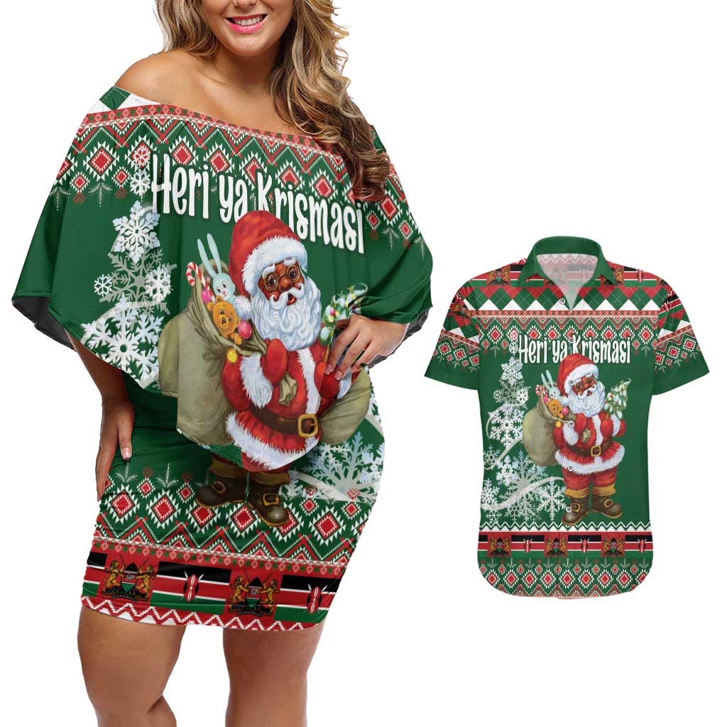 Personalized Kenya Christmas Couples Matching Off Shoulder Short Dress and Hawaiian Shirt African Santa Claus - Heri ya Krismasi - Wonder Print Shop