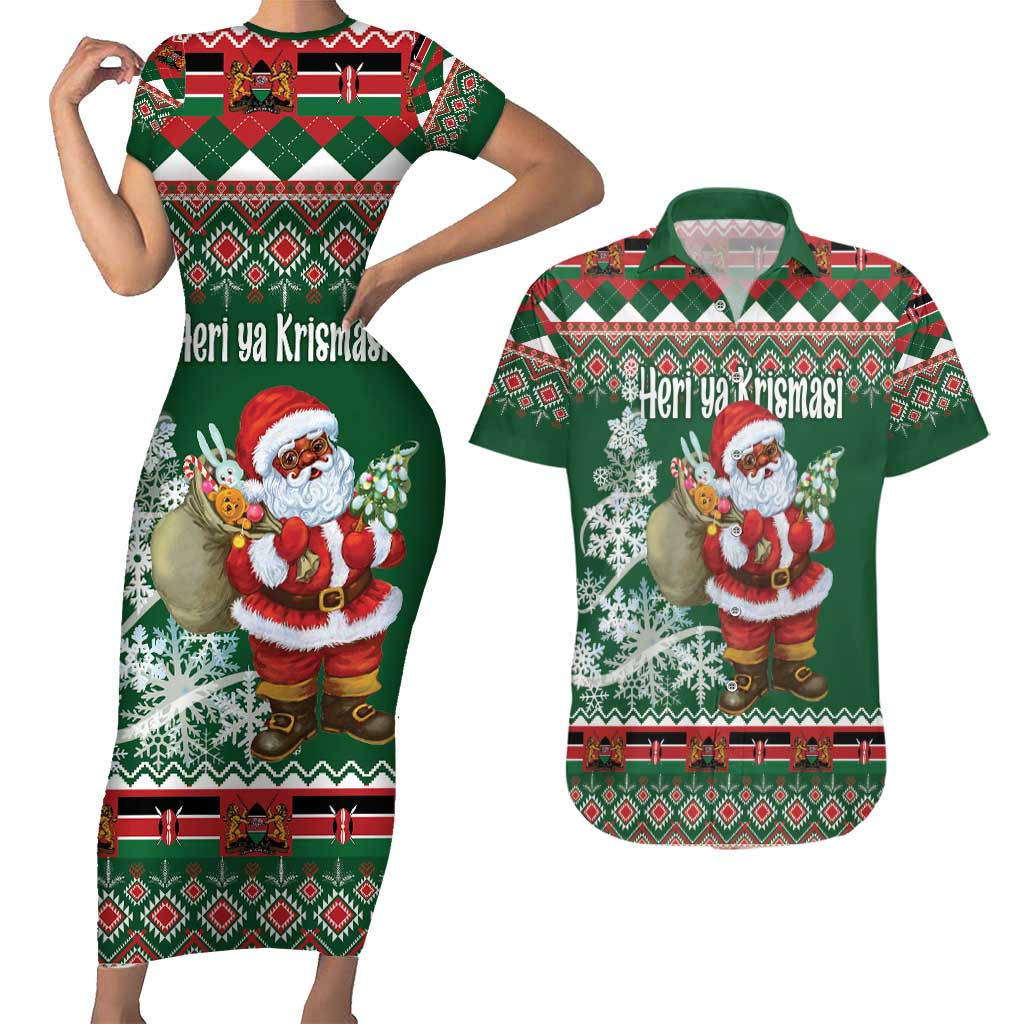 Personalized Kenya Christmas Couples Matching Short Sleeve Bodycon Dress and Hawaiian Shirt African Santa Claus - Heri ya Krismasi - Wonder Print Shop