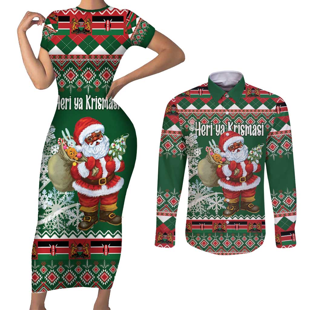 Personalized Kenya Christmas Couples Matching Short Sleeve Bodycon Dress and Long Sleeve Button Shirt African Santa Claus - Heri ya Krismasi - Wonder Print Shop