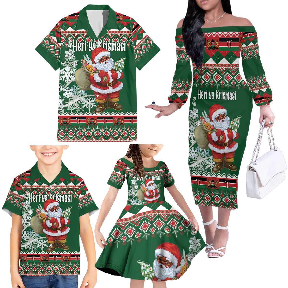 Personalized Kenya Christmas Family Matching Off The Shoulder Long Sleeve Dress and Hawaiian Shirt African Santa Claus - Heri ya Krismasi - Wonder Print Shop