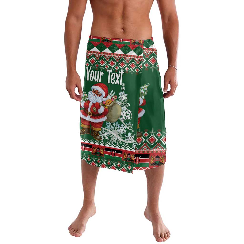 Personalized green Christmas lavalava skirt with Santa, snowflakes, and 'Your Text'