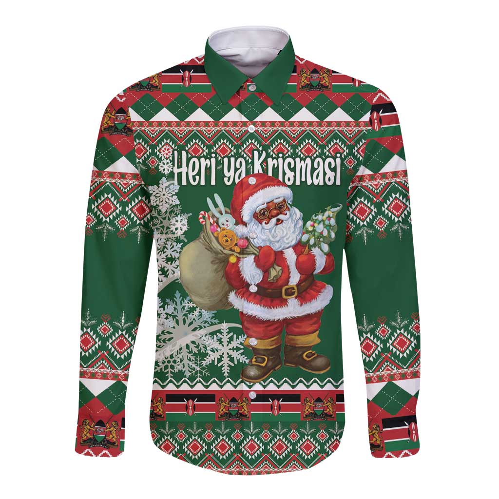 Green long-sleeve button shirt with Santa graphic and “Heri ya Krismasi” text