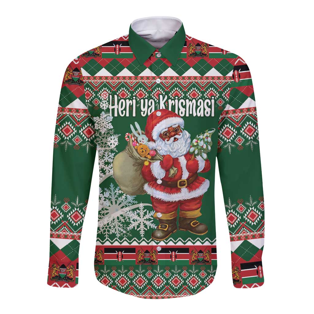 Personalized Kenya Christmas Long Sleeve Button Shirt African Santa Claus - Heri ya Krismasi - Wonder Print Shop