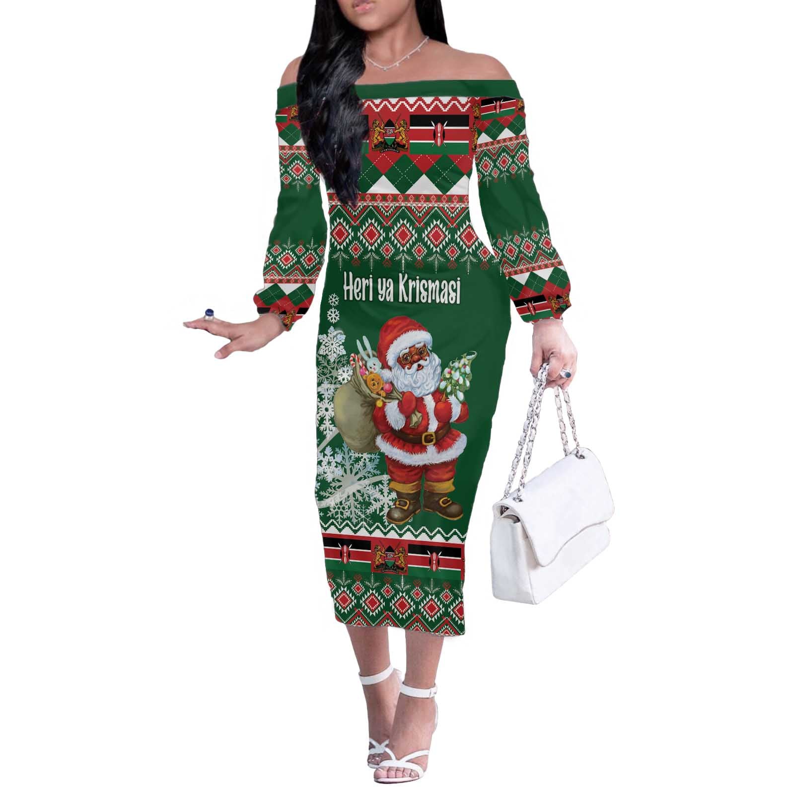 Personalized Kenya Christmas Off The Shoulder Long Sleeve Dress African Santa Claus - Heri ya Krismasi - Wonder Print Shop