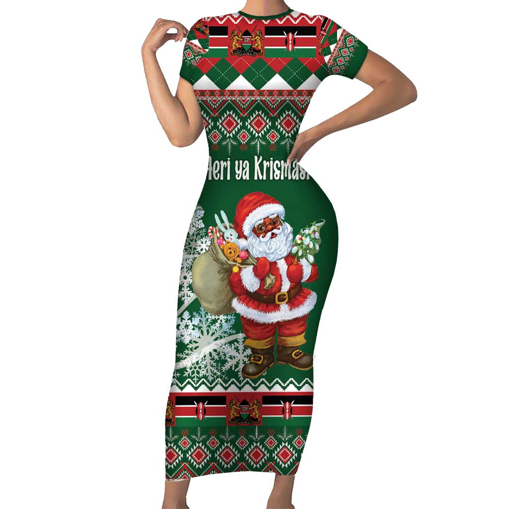 Personalized Kenya Christmas Short Sleeve Bodycon Dress African Santa Claus - Heri ya Krismasi - Wonder Print Shop