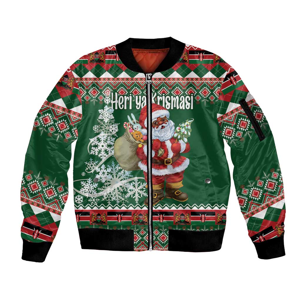 Personalized Kenya Christmas Sleeve Zip Bomber Jacket African Santa Claus - Heri ya Krismasi - Wonder Print Shop