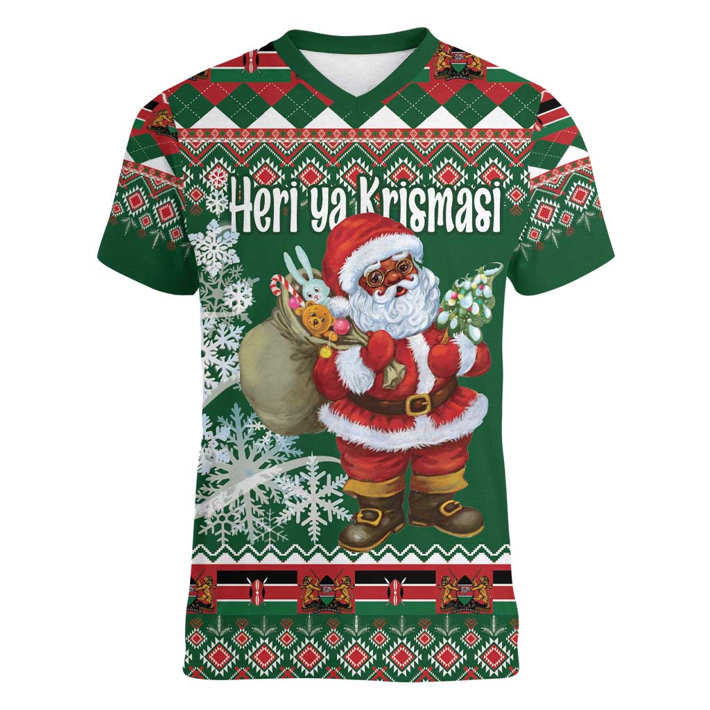 Personalized Kenya Christmas Women V-Neck T-Shirt African Santa Claus - Heri ya Krismasi - Wonder Print Shop