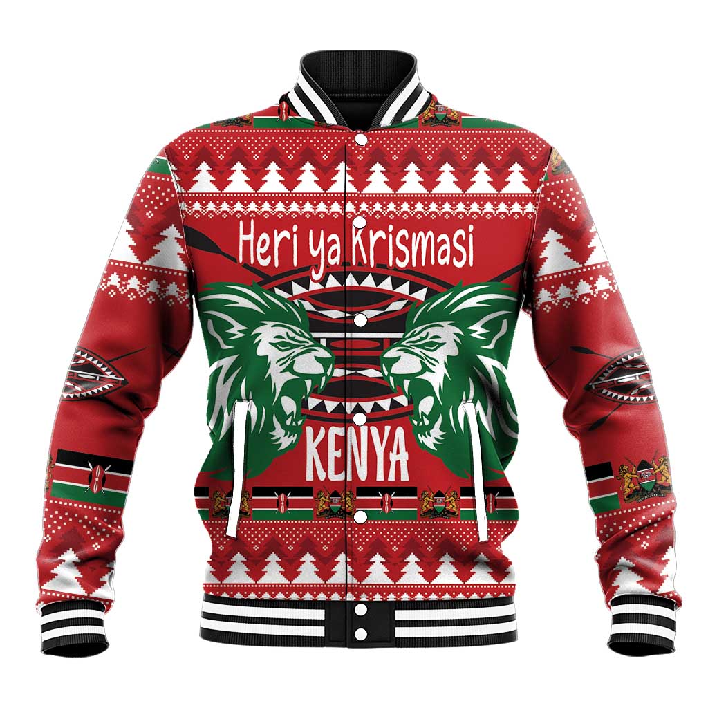 Red baseball jacket with green lion graphic and “Heri ya Krismasi” text, ribbed cuffs