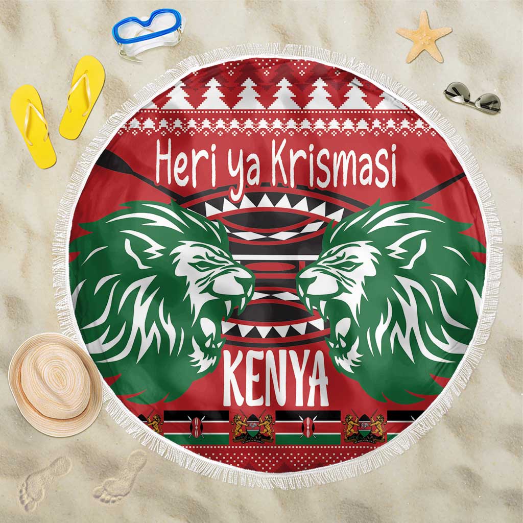 Round red and green Kenya Christmas beach blanket with fringed edge and lion graphic