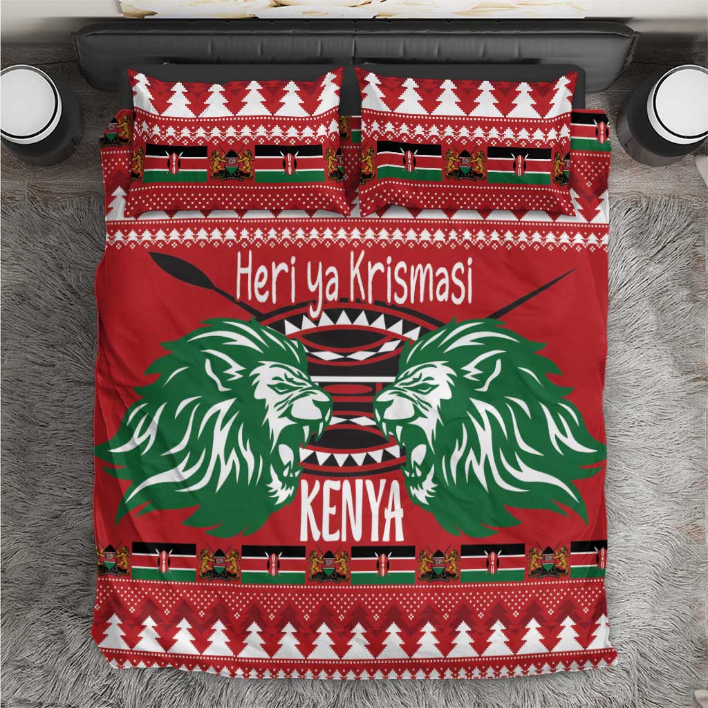 Red Christmas lion bedding set with green lion faces, “Heri ya Krismasi” and “KENYA” print