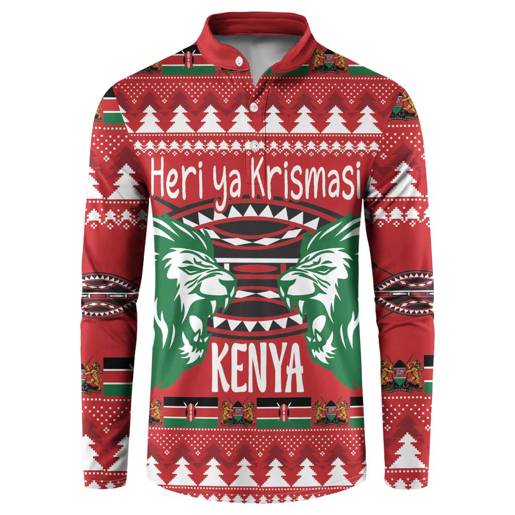 Red button-front sweatshirt with green lion graphic and festive pattern across chest