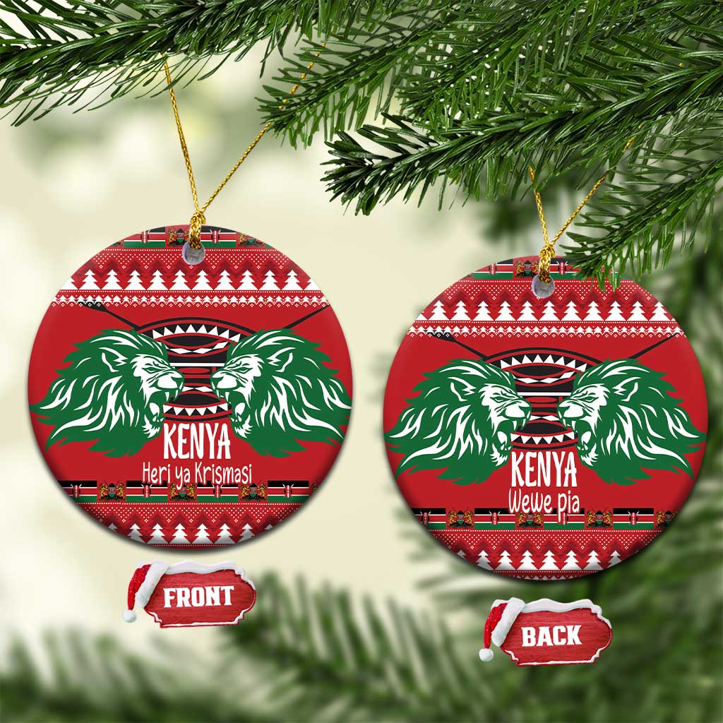 Red circular Kenya lion Christmas ceramic ornament with green lions and gold hanging loop