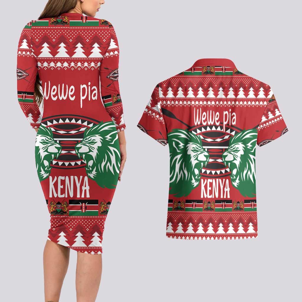 Kenya Christmas Lion Couples Matching Long Sleeve Bodycon Dress and Hawaiian Shirt Heri ya Krismasi - Wewe pia - Wonder Print Shop