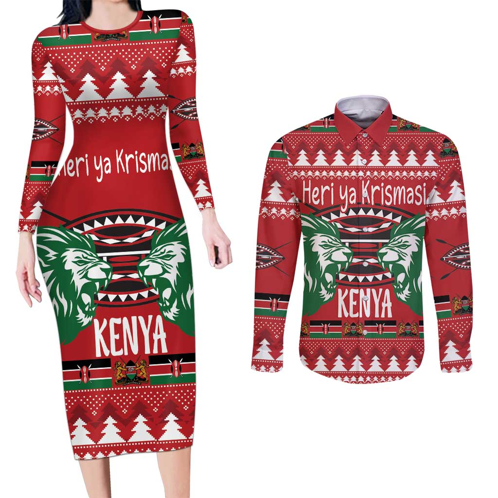 Kenya Christmas Lion Couples Matching Long Sleeve Bodycon Dress and Long Sleeve Button Shirt Heri ya Krismasi - Wewe pia - Wonder Print Shop