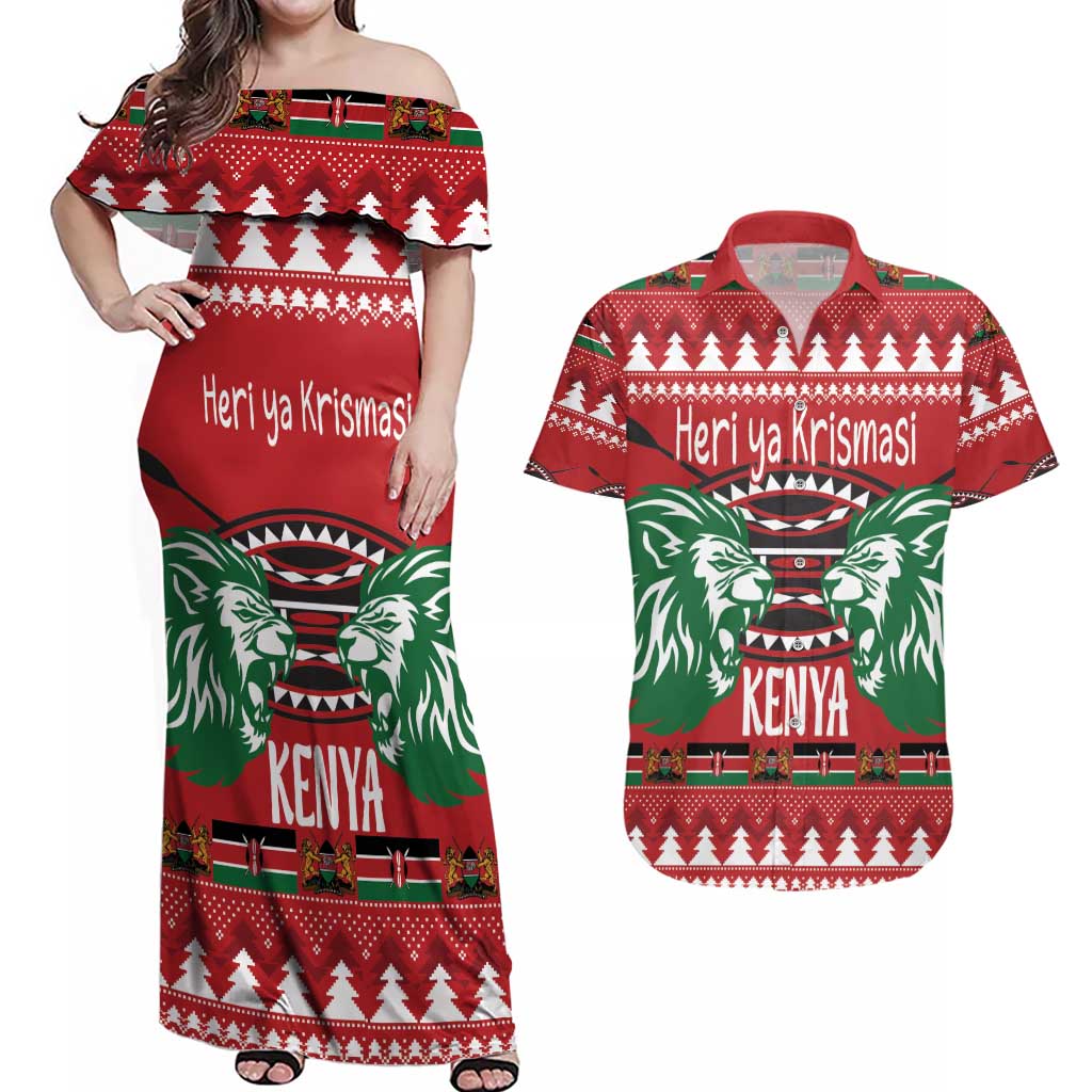 Kenya Christmas Lion Couples Matching Off Shoulder Maxi Dress and Hawaiian Shirt Heri ya Krismasi - Wewe pia - Wonder Print Shop