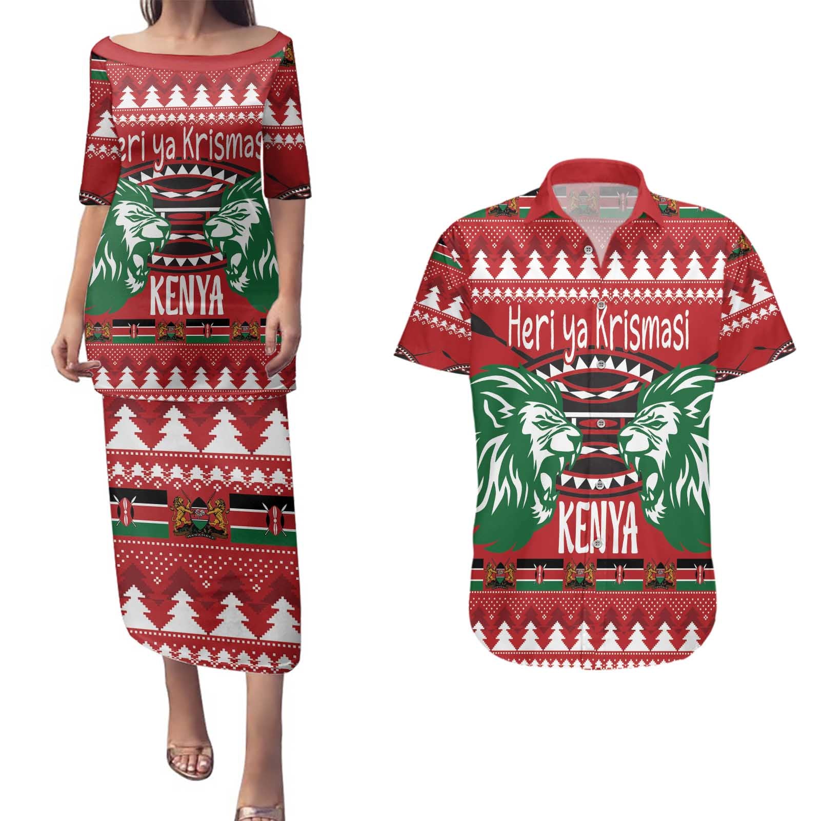 Kenya Christmas Lion Couples Matching Puletasi and Hawaiian Shirt Heri ya Krismasi - Wewe pia - Wonder Print Shop