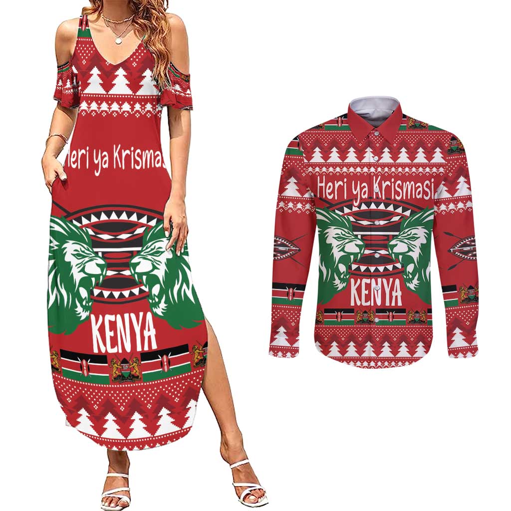 Kenya Christmas Lion Couples Matching Summer Maxi Dress and Long Sleeve Button Shirt Heri ya Krismasi - Wewe pia - Wonder Print Shop