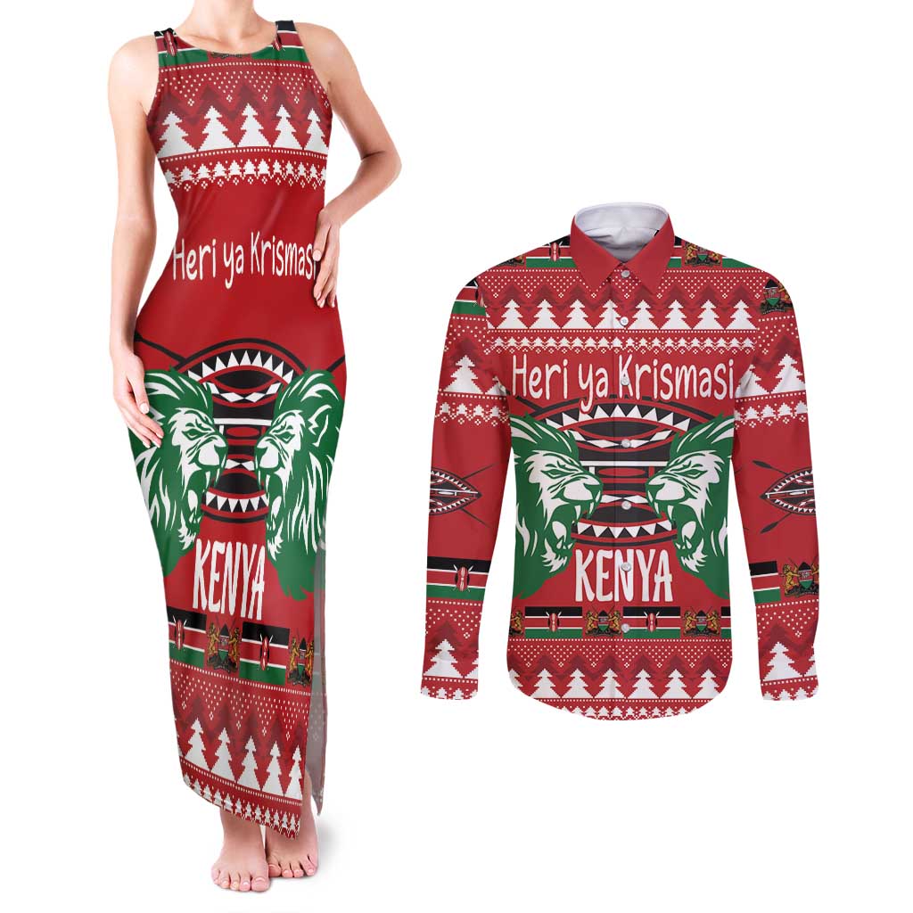 Kenya Christmas Lion Couples Matching Tank Maxi Dress and Long Sleeve Button Shirt Heri ya Krismasi - Wewe pia - Wonder Print Shop